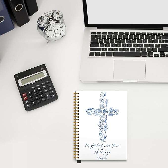 Retro Blue Seashell Cross Christian Notebook, Psalm 93:4 Bible Verse Journal, Prayer Journal for Women Men, Church Notes Notebook, Beach Ocean Hardcover Spiral Notebooks, 5.5x8.3 Inch