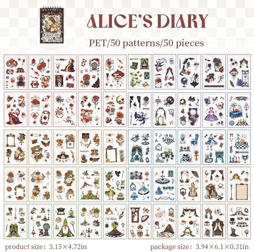 450+ Scrapbook Stickers for Scrapbooking Supplies, 50 Sheets Vintage Alice Journal Sticker Book for Journaling, Junk Journal Supplies, Planner, Album Craft, PET Waterproof for Girls Gift - Image 2