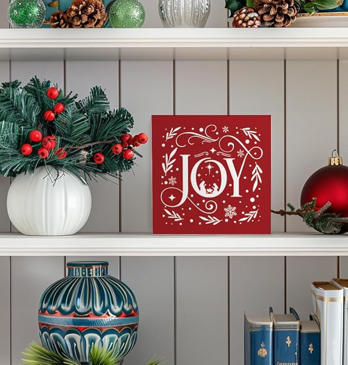 Joy Christian Christmas Wooden Box Sign, Farmhouse Red Christmas Snowflake Xmas Wood Sign for Home Office Table Shelf Decor, 5x5 Inch