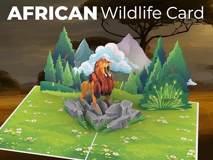 iGifts And Cards Roar-some 3D Pop-Up Lion Card – Majestic Safari Jungle Scene | Fierce Fun Wildlife Greeting for Birthdays Graduations Thank You Encouragement Animal Lovers 6x8 with Notecard