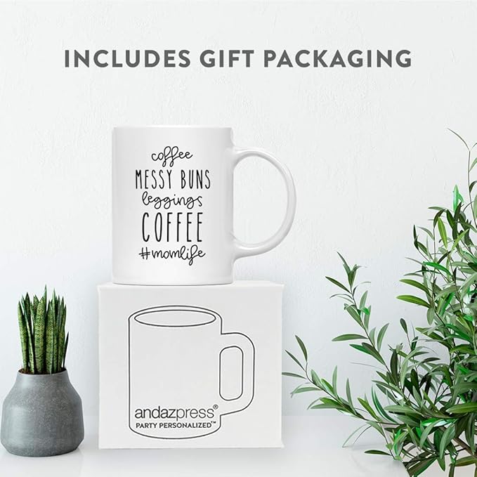 Andaz Press Mother's Day 11oz. Ceramic Coffee Tea Mug Gift for Mom, Coffee Messy Bun Leggings Coffee #MomLife, 1-Pack, Birthday Christmas Gift Ideas