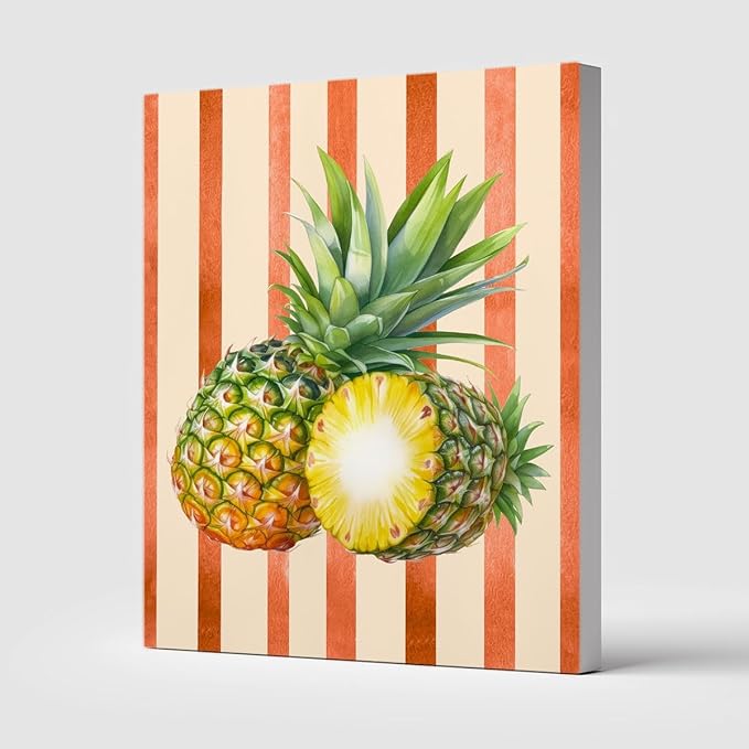 Pineapple Watercolor Wall Art – Tropical Fruit Canvas Print – Summer Kitchen Decor with Orange Stripes – Botanical Pineapple Illustration Poster 24x32inch-Framed