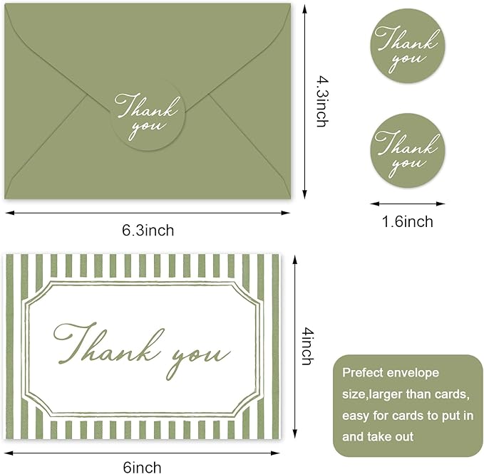 Whaline 24Pcs Sage Green Thank You Cards Blank Note Cards with Envelopes Stickers Minimalist Green Stripe Greeting Card for Wedding Birthday Baby Shower, 4 x 6 Inch