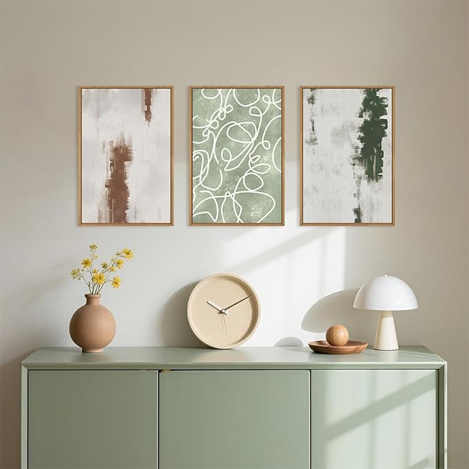 Large Abstract Green and Brown Framed Canvas Wall Art,Neutral Brush Stroke Wall Decor,Modern Watercolor Line Artwork,Minimalist Geometric Art Print for Living Room,Bedroom,Office- 16"x24"x3