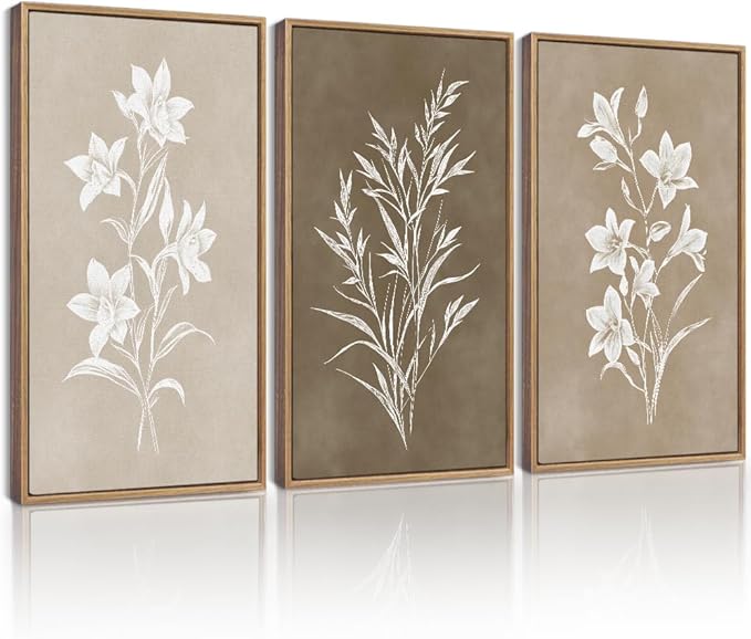KUVIOKE Vintage Botanical Flower Framed Wall Art Colorful Neutral Boho Floral Wall Decor Botanical Retro Wildflower Modern Art Prints Rustic Home Decor 16x24in (Natural Framed)