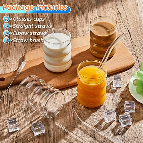 Tessco for you 4 Pcs Creative Glass Cups Vintage Drinking Glasses Ribbed Glassware Aesthetic Cup Entertainment Dinnerware Glassware with Straws Set for Kitchen Coffee Beverage(13.5 oz,Clear) - Image 3
