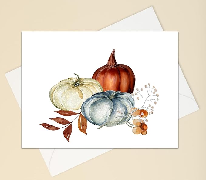 Vintage Autumn Harvest Greeting Cards - Set of 10 All Occoassion 5x7 Note Cards with Envelops Blank Inside. Rustic Watercolor Designs of Fall Flowers, Pumpkins and Leaves.