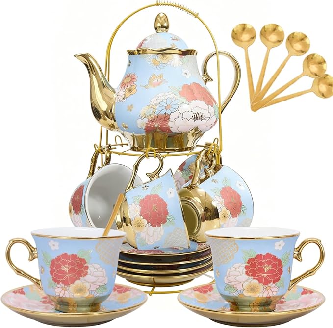 CHANJOON Gold Plated Red Rose Ceramic Tea Set, Vintage Tea Sets with Teapot, Beautiful Tea Set Coffee Serving 6 People (Green, X Large)