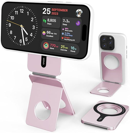Cell Phone Stand,Adjustable Height and Angle Foldable Phone Holder for Desk, Aluminum Cell Phone Holder,Strong Magnetic Phone Stand Compatible with iPhone 16/15/14/13/12 Series (Pink)