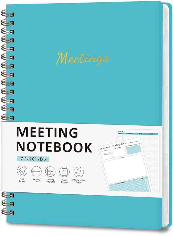 Meeting Notebook for Work Organization, Work Planner Notebook with Action Items, Project Agenda Planner for Note Taking, 160 Pages (6.9" X 9.9"), Office School Business Supplies for Women & Men
