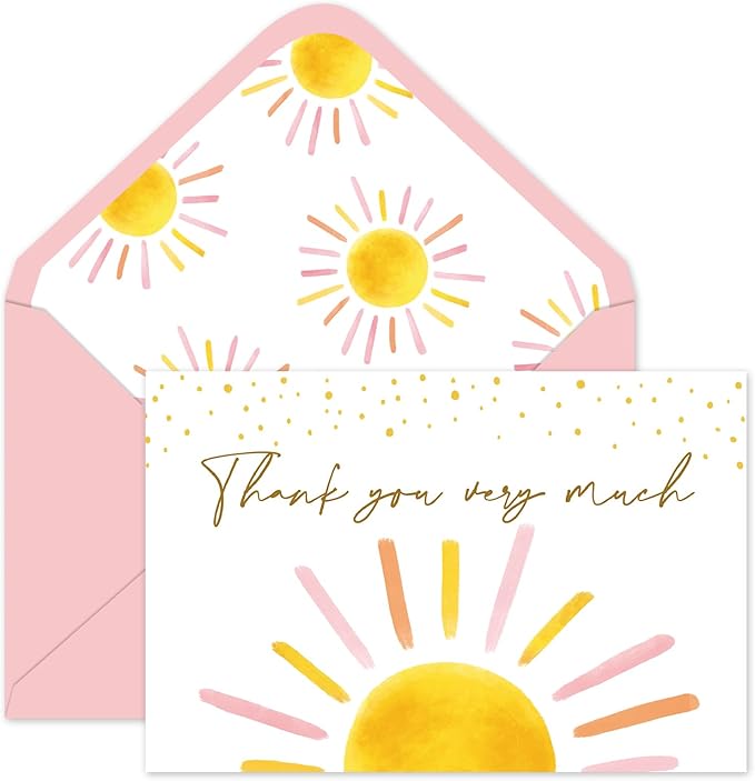 Whaline 30 Packs Baby Shower Thank You Cards Greeting Card Pink Boho Sun Sunshine Blank Note Cards with Envelopes and Stickers for Birthday Holiday Baby Shower, 4 x 6 Inch