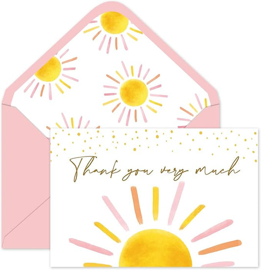 Whaline 30 Packs Baby Shower Thank You Cards Greeting Card Pink Boho Sun Sunshine Blank Note Cards with Envelopes and Stickers for Birthday Holiday Baby Shower, 4 x 6 Inch
