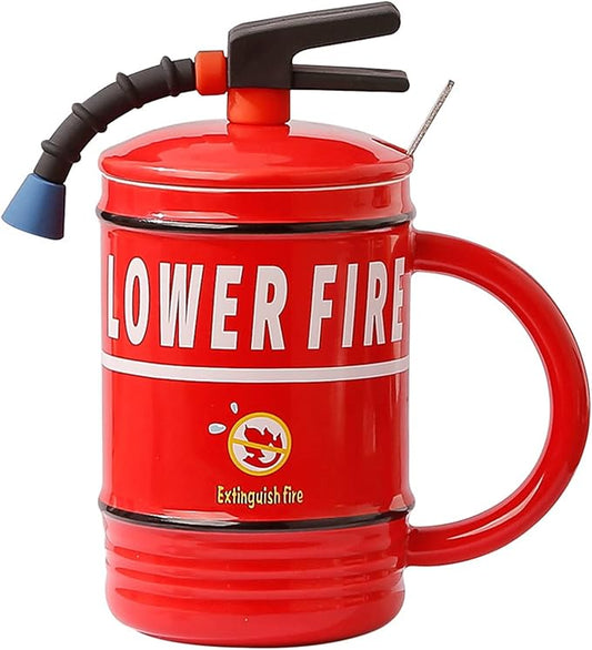 Coffee Mug Cups Ceramic Tea Cup Fire Extinguisher Shaped Handmade Cute Mugs With Lid Spoon Handle Office Home Hot Ice Chocolate Milk Mugs Gifts Microwave Dishwasher Safe Travel Mugs (Red)