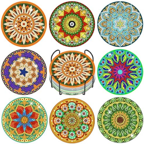 Diamond Art Coasters Kit for Adults, 8PCS Mandala Coasters with Holder by GEEHEIY