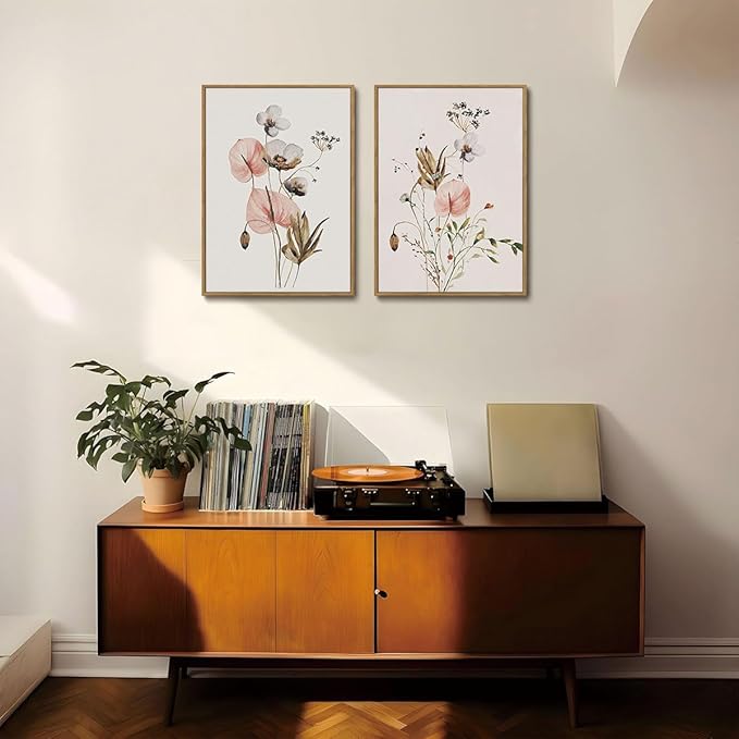 YOYIAXT 2 Pieces Watercolor Botanical Canvas Wall Art For Bedroom Pink Blush Floral Framed Wall Art Minimalist Neutral Flower Art Prints Artwork For Living Room Office, 16x24 in