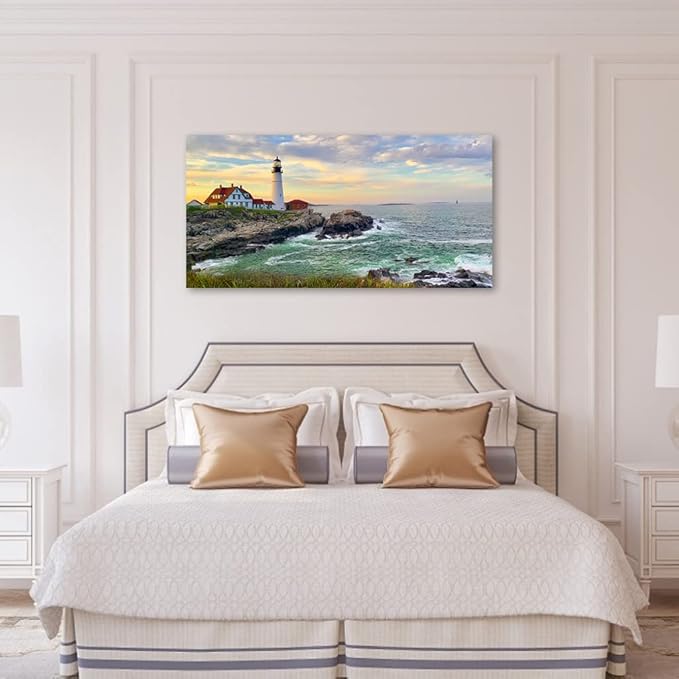 tigeridge Portland Head Light Wall Art Sunset Lighthouse Canvas Wall Art for Living Room Ocean Canvas Pictures Seascape Artwork Canvas Prints Office Home Wall Decor Framed Ready to Hang 20" x 40"
