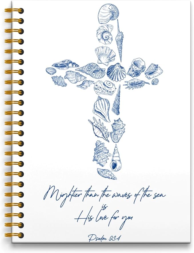 Retro Blue Seashell Cross Christian Notebook, Psalm 93:4 Bible Verse Journal, Prayer Journal for Women Men, Church Notes Notebook, Beach Ocean Hardcover Spiral Notebooks, 5.5x8.3 Inch