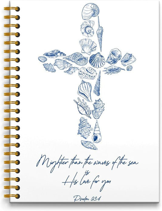 Retro Blue Seashell Cross Christian Notebook, Psalm 93:4 Bible Verse Journal, Prayer Journal for Women Men, Church Notes Notebook, Beach Ocean Hardcover Spiral Notebooks, 5.5x8.3 Inch