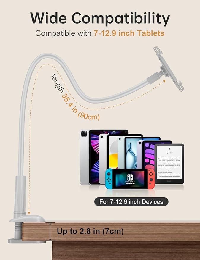 Gooseneck Tablet Holder for Bed, Adjustable Flexible Ipad Holder Stand, Kindle Stand for Reading in Bed, Compatible with Fire HD, Ipad, Galaxy Tabs, Kindle, Switch, Tablet or Other 7"-12.9" Devices