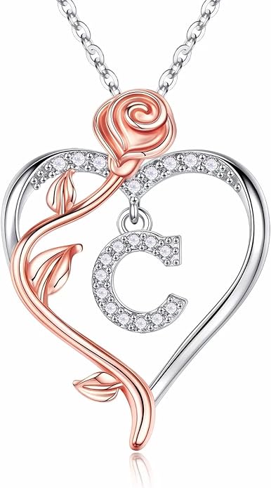 Iefil Stocking Stuffers for Women Wife - 925 Sterling Silver Rose Heart Initial Necklace, Christmas Anniversary Birthday Gifts for Women, Jewelry Gift for Her Wife Girlfriend Mom Daughter