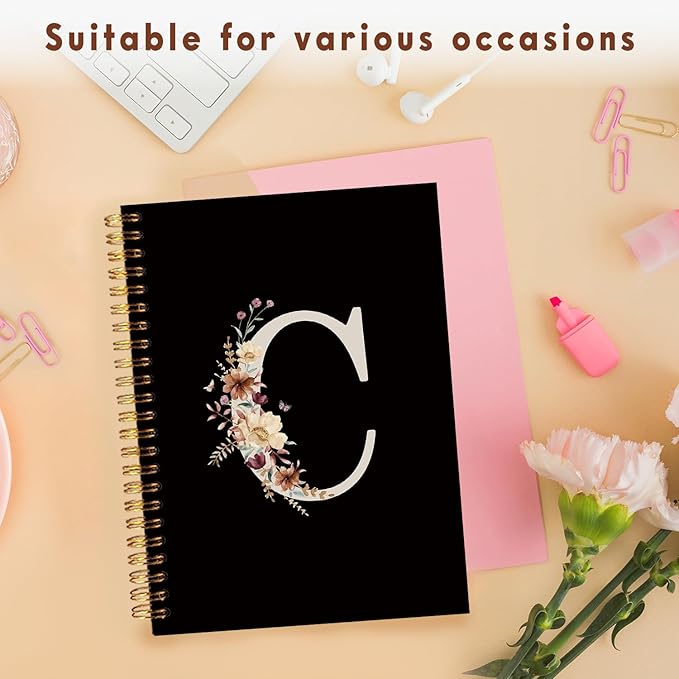 Lacama Campus Initial Letter C Notebook Journal, Cute Wildflower Personalized Black Spiral Notebook, School Supplies, Customized Monogrammed Gifts, Birthday Gifts for Women, Office Supplies