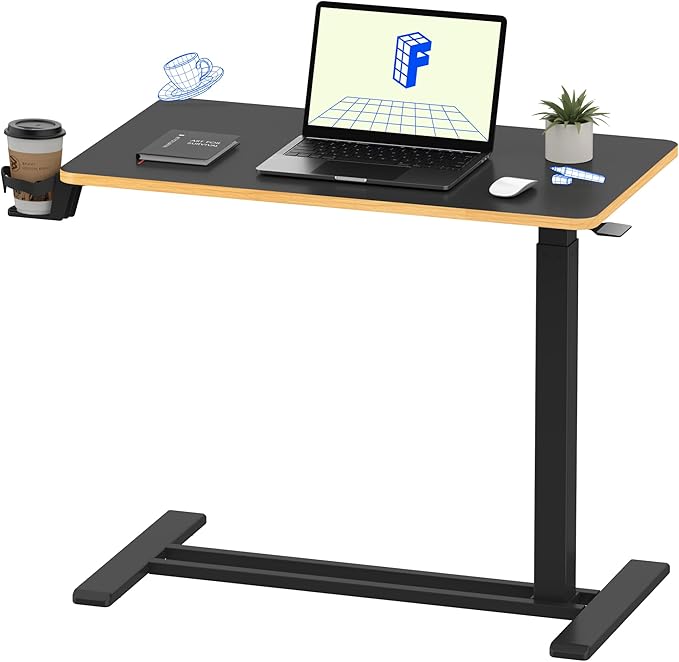 FLEXISPOT H7 Adjustable Overbed Bedside Table with Wheels Pneumatic Mobile Standing Desk Laptop Desk Rolling Computer Cart Movable Overbed Table Hospital Home Use(31.5" W x 17.7" D, Black Maple Large)