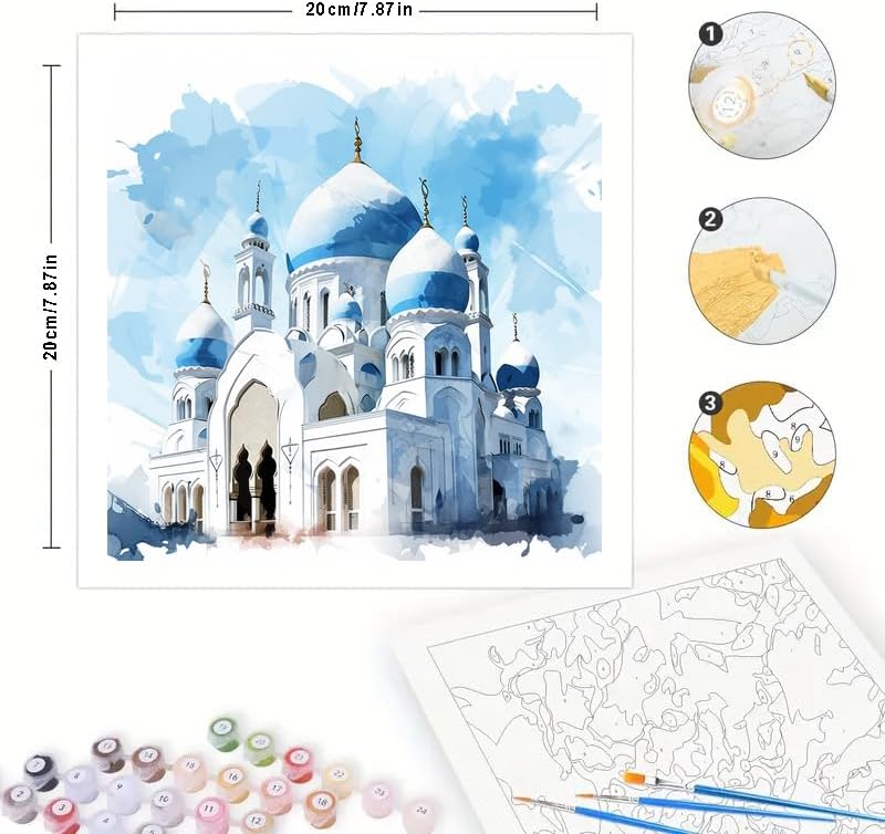 TAOPAOLAB Islamic Architecture Digital Painting Kit for Adults - DIY Blue Dome Mosque Oil Painting on Canvas 7.87x7.87In, Framed Acrylic Paint Kit, Good for Beginners, Home Decor or Gift Artwork - Image 2