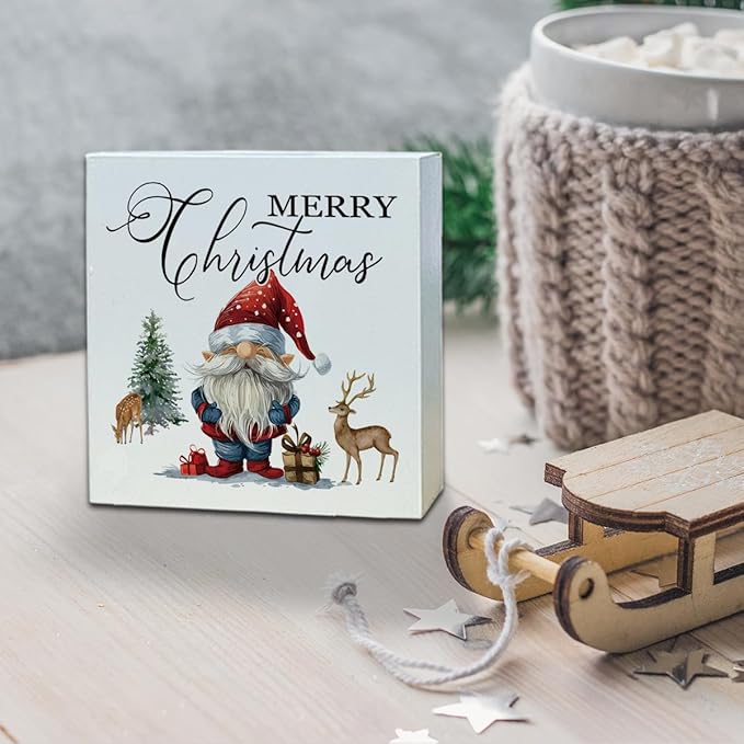 Cute Santa Snowman Wood Box Sign Desk Decor, Claus Snow Scene Wooden Block Sign, Winter Christmas Home Decorative Plaque for Living Room Bedroom Office Table Top Decor 5 x 5 Inches