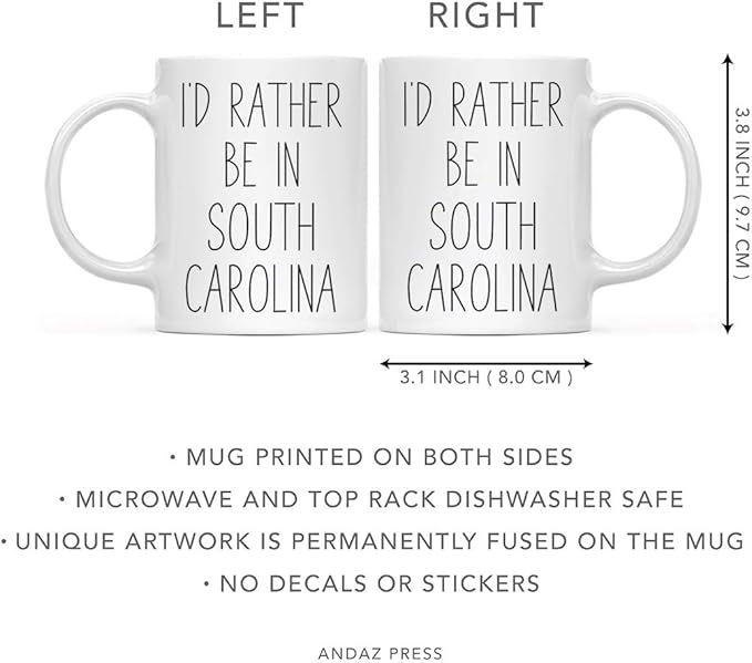 Andaz Press U.S. State 11oz. Coffee Mug Gift, I'd Rather Be in South Carolina, 1-Pack, Long Distance College Going Away Study Abroad Birthday Christmas Gifts