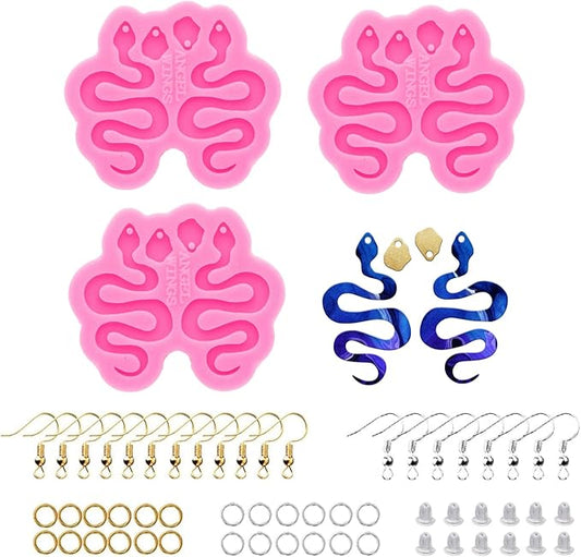 shining queen 103Pcs Snake Shape Resin Earring Mold Silicone Resin Jewelry Molds 3 Pair Epoxy Resin Casting Molds for Women Earring Crafts Including 100 Earring Accessories DIY Necklace Pendant