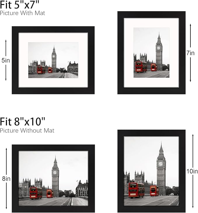 8x10 Picture Frame Set of 9, Display Pictures 5x7 with Mat or 8 x 10 Without Mat, Multi Photo Frames for Wall Mounting or Table Top Display, Black