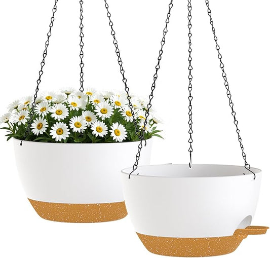 10 Inch Hanging Planters with Chains 2 Pack Self Watering White Brown Plastic Hanging Pots for Indoor Outdoor Plants, Garden Porch Home Decor (White Brown)