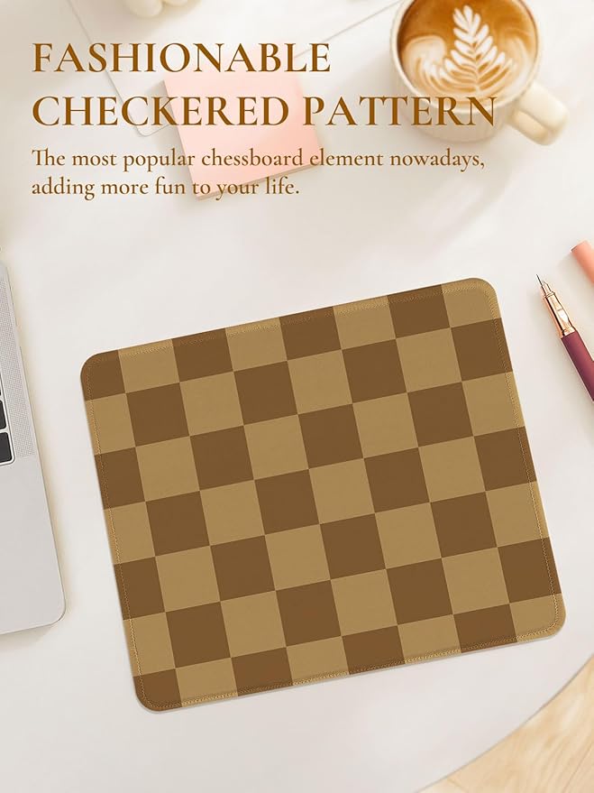 Cute Brown Mouse Pad,Retro Checkered Pattern Mousepad,Square Aesthetic Plaid Waterproof Grid Mouse Mat Design, Non-Slip Rubber Base Computer Funny Boho Small Mouse Pads, Desk Accessories