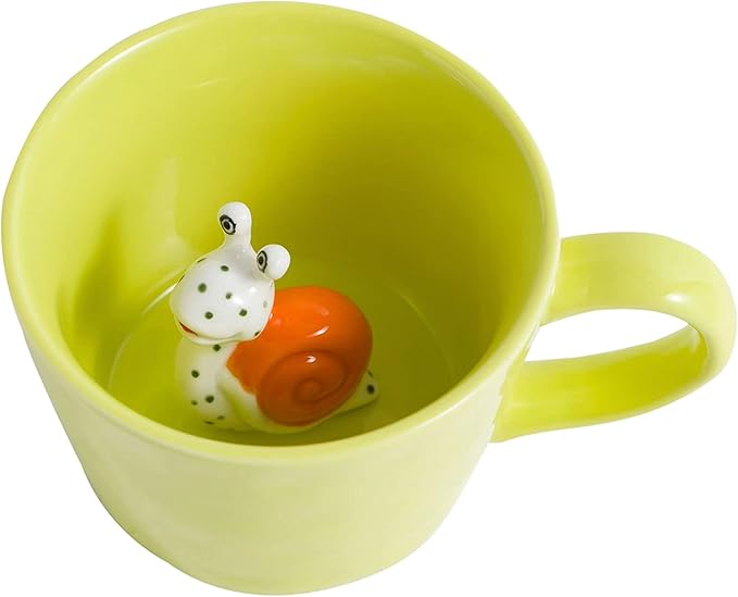 DIHOclub Ceramic Snail Cup Hidden 3D Animal Inside Mug，Garden series Handmade Figurine Snail Mugs (Apple green)