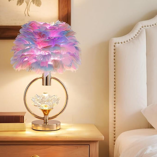 Colorful Feather Lamp 17IN Unique Fluffy Table Lamp Crystal Feather Bedside Nightstand Lamp Nordic Desk Light for Girl Bedroom Wedding Christmas Gift Deco Living Room Entry Office