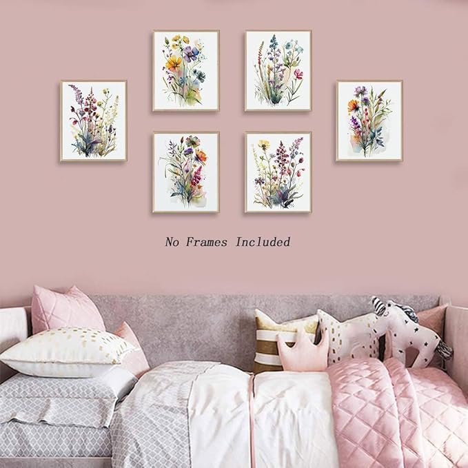 Colorful Wildflower Art,Watercolor Minimalist Wildflowers Art Print,Modern Botanical Plant Leaves Canvas Wall art,Blooming Flower Artwork for Garden Farmhouse Decor (Set of 6) - Unframed - 8X10 inch