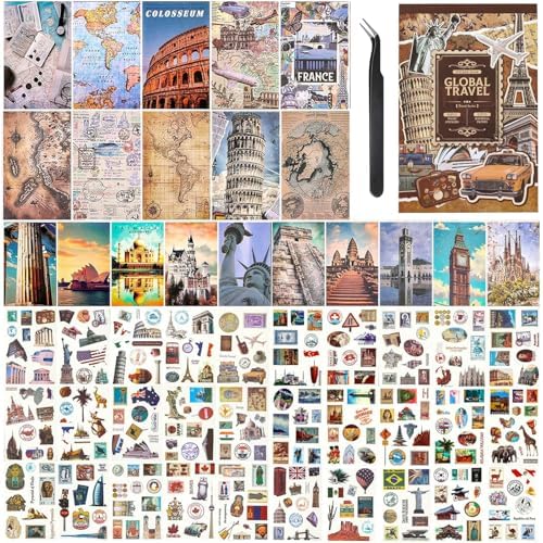 Vintage Scrapbook Stickers, Aesthetic Global Travel Sticker Book for Scrapbooking with 320+ Washi Stickers and 20 Scrapbook Papers, Journaling Supplies, Ephemera for Junk Journals DIY Arts Crafts by Ahmagen