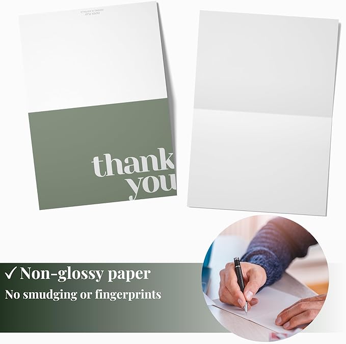 Paper Play Thank You Cards Bulk Pack of 40 Green, 5x3.5 Inches with Matching Stickers & Envelopes, Minimalistic Design Suitable for Business, Baby Shower, Wedding, Small Business, Graduation, Funeral
