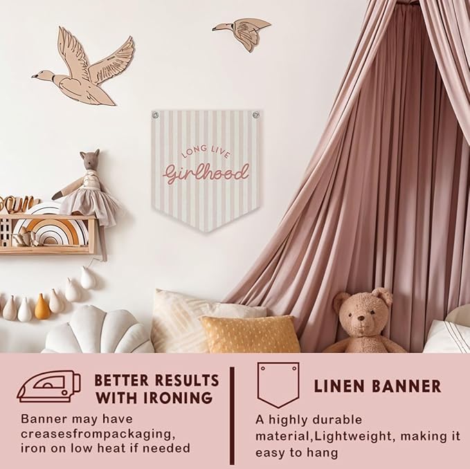 Lacama Girls Room Decor, Long Live Girlhood Linen Banner Hanging Flag Retro Pink Banner for Nursery Playroom Wall Decor for Kids Bedroom Dorm Toddler Decorations Trendy Room Decor 12.4x14 in