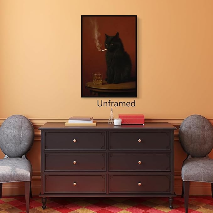 Black Cat Canvas Wall Art, Cat Smoking A Cigarette with Alcohol Oil Painting Poster, Funny Animal Whimsical Bar Cart Print, Quirky Home Bar Pub Man Cave Wall Decor 8x12in Wrapped Canvas