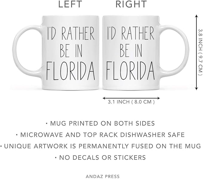 Andaz Press U.S. State 11oz. Coffee Mug Gift, I'D Rather Be In Florida, 1-Pack, Long Distance College Going Away Study Abroad Birthday Christmas Florida Coffee Mug
