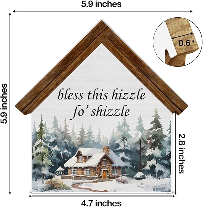 Rustic Christmas Decor, Bless This Hizzle Fo' Shizzle House Shaped Wooden Sign, Funny Christmas Decorations for Home