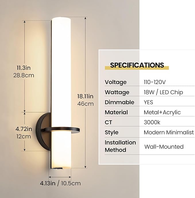 Black Wall Sconces Set of 2, 18 inch Bathroom Sconces with Acrylic Shade 18W 3000K LED Dimmable Modern Wall Sconces Wall Lights for Bedroom Living Room Hallway Stairway