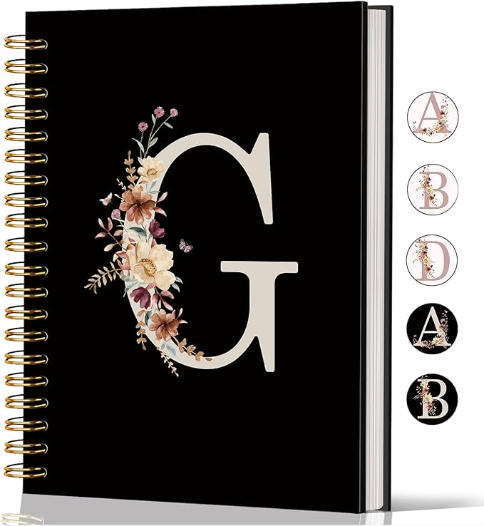 Lacama Black Initial Letter G School Notebook Journal, Cute Wildflower Personalized Spiral Notebook, School Supplies, Customized Monogrammed Gifts, Birthday Gifts for Women, Office Supplies