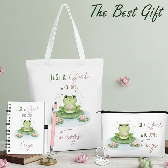 Ceenna 5 Pcs Frog Gifts for Women, Just a Girl Who Loves Frogs Cosmetic Makeup Bag, Canvas Bag, A6 Spiral Notebook Lined Journal, Writing Gel Ink Pen and Funny Keychain for Girl Animal Lovers Gift