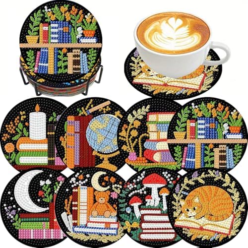 Clendo 8 Pcs 5D Book Diamond Art Coasters Kits with Holder, Diamond Painting Coasters Set for Adults, Small Mini Diamond Dots Kit for Beginners DIY Art Craft Home Decor by Clendo