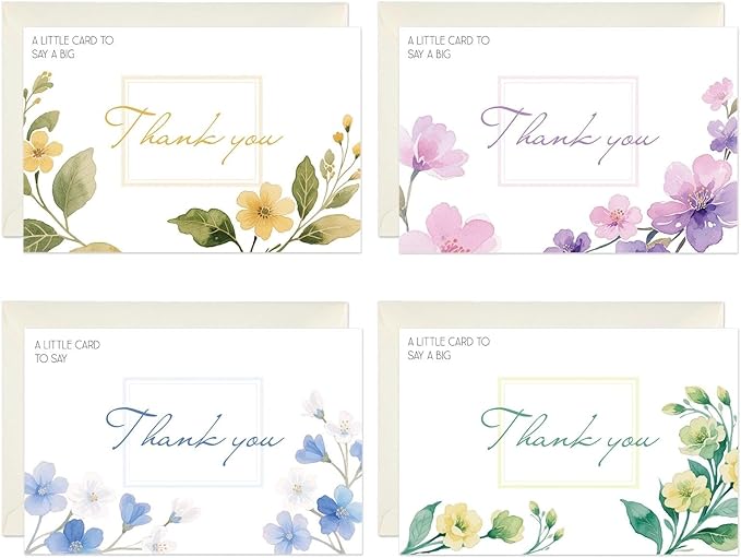 32 Floral Thank You Cards with Envelopes, Sealing Stickers, 4x6 Blank Cards with 4 Unique Designs, 300gsm Note Cards Premium Cardstock, Bulk Cards for Wedding, Graduation, Baby Shower