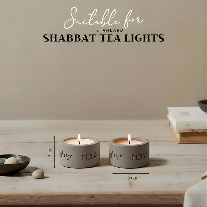 SURI Shabbat Candle Holders Set – Modern Judaica Shabbat Candlesticks for Tea Lights – Concrete Shabbos Candles Holders, Dripless Design – Jewish Gift & Home Decor