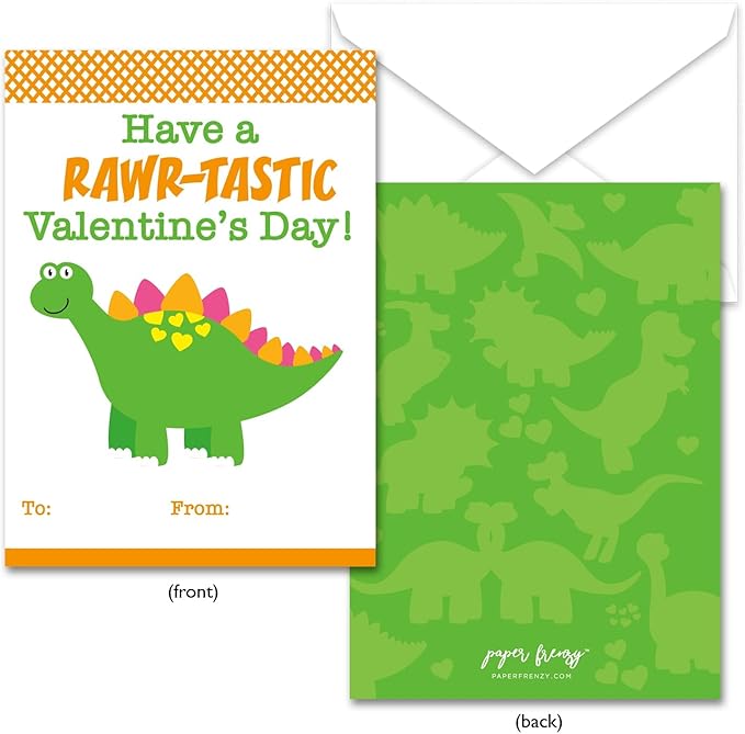 Paper Frenzy Dinosaur Themed Valentine Cards WITH ENVELOPES - 25 pack