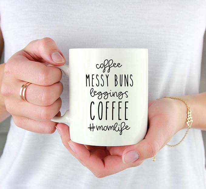 Andaz Press Mother's Day 11oz. Ceramic Coffee Tea Mug Gift for Mom, Coffee Messy Bun Leggings Coffee #MomLife, 1-Pack, Birthday Christmas Gift Ideas